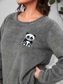Plus Panda Embroidery Flannel PJ Set - Grey - View 3