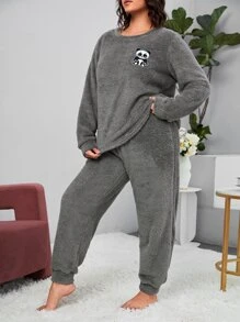 Plus Panda Embroidery Flannel PJ Set - Grey - View 4