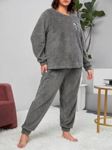 Plus Panda Embroidery Flannel PJ Set - Grey - View 5