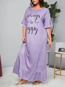 加标语图形对比蕾丝荷叶边下摆睡衣睡裙睡袍，长裙，Moo Moo - 紫丁香色 - 查看 5