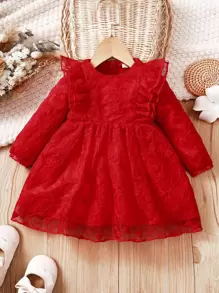 Đầm em bé Thêu Xù màu trơn Buổi tiệc - Màu Đỏ Sâu - Xem 1
