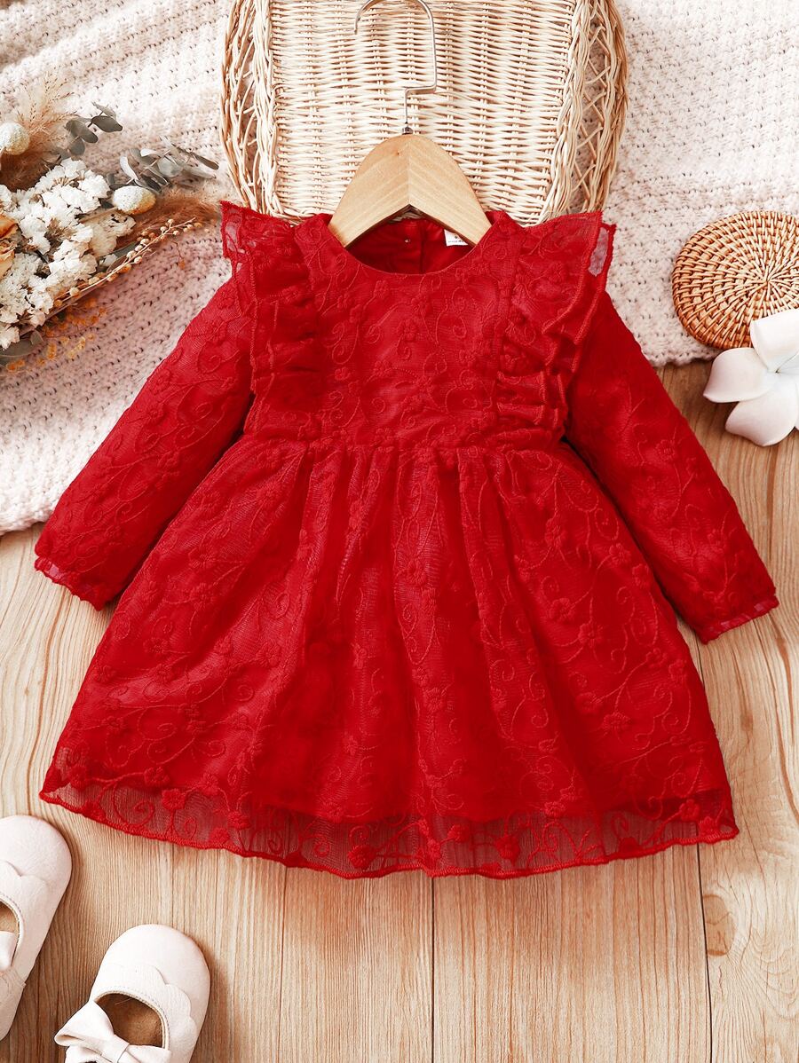 Đầm em bé Thêu Xù màu trơn Buổi tiệc - Màu Đỏ Sâu - Xem 1