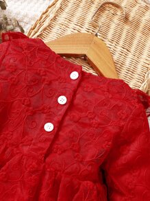 Đầm em bé Thêu Xù màu trơn Buổi tiệc - Màu Đỏ Sâu - Xem 4