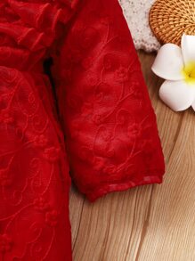 Đầm em bé Thêu Xù màu trơn Buổi tiệc - Màu Đỏ Sâu - Xem 5