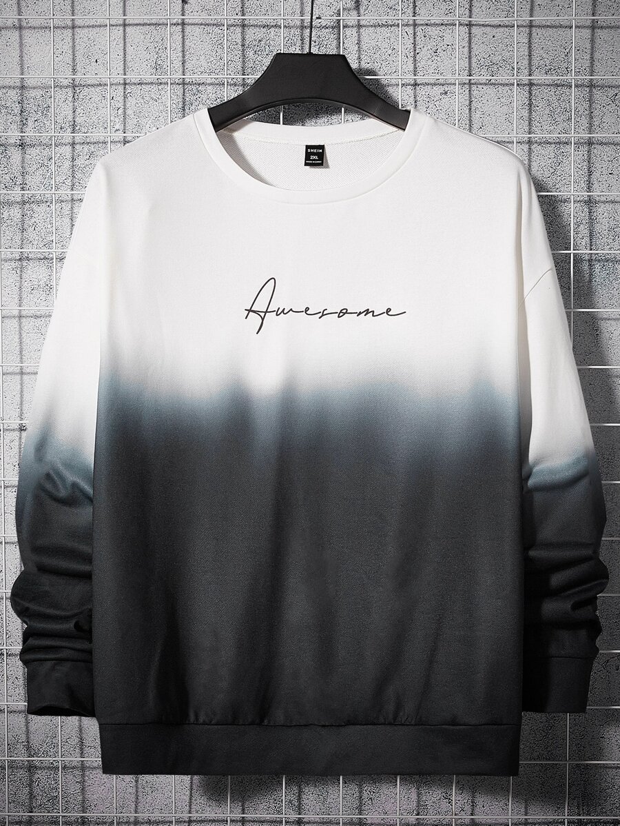 Manfinity RebelGame Men Plus Letter Graphic Ombre Sweatshirt - Black and White - View 1