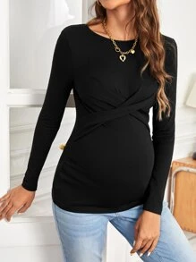 SHEIN Maternity Solid Cross Wrap Tee - Black - View 1