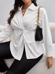 SHEIN Privé Áo sơ mi Plus Size Nút xoắn lại màu trơn Thanh lịch - trắng - Xem 1