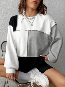 SHEIN EZwear 撞色頂針落肩袖套頭衫 - 彩色 - 查看 1