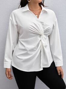 SHEIN Privé Áo sơ mi Plus Size Nút xoắn lại màu trơn Thanh lịch - trắng - Xem 3
