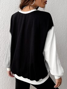 SHEIN EZwear 撞色頂針落肩袖套頭衫 - 彩色 - 查看 2