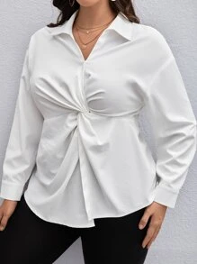SHEIN Privé Áo sơ mi Plus Size Nút xoắn lại màu trơn Thanh lịch - trắng - Xem 4