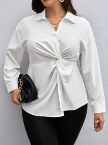 SHEIN Privé Áo sơ mi Plus Size Nút xoắn lại màu trơn Thanh lịch - trắng - Xem 5