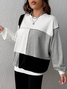 SHEIN EZwear 撞色頂針落肩袖套頭衫 - 彩色 - 查看 4