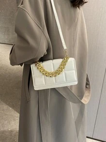 Bolsa cuadrada mini de cuadros en relieve con diseño de cadena con solapa - Blanco - Ver 4