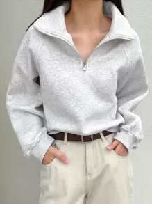 Dazy-Less 半拉链插肩袖卫衣，长袖上衣，复古富贵风格，秋季商务休闲女装 - 淺灰色 - 查看 4