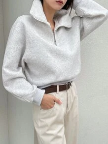 Dazy-Less 半拉链插肩袖卫衣，长袖上衣，复古富贵风格，秋季商务休闲女装 - 淺灰色 - 查看 5