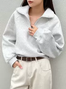 Dazy-Less 半拉链插肩袖卫衣，长袖上衣，复古富贵风格，秋季商务休闲女装 - 淺灰色 - 查看 3