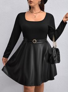 SHEIN Privé Plus Scoop Neck PU Dress Without Belt - Black - View 1