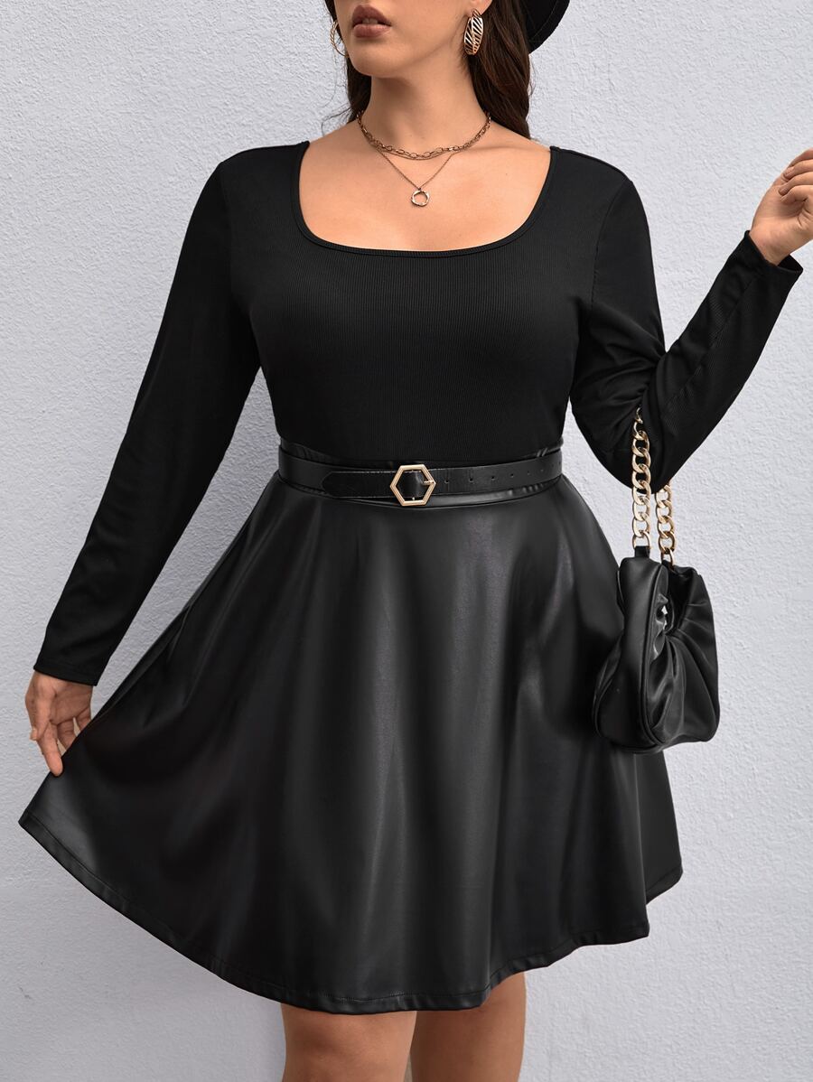 SHEIN Privé Plus Scoop Neck PU Dress Without Belt - Black - View 1