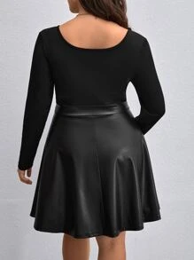 SHEIN Privé Plus Scoop Neck PU Dress Without Belt - Black - View 2