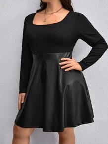 SHEIN Privé Plus Scoop Neck PU Dress Without Belt - Black - View 5