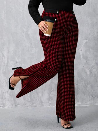 SHEIN Privé 大碼千鳥格印花下擺開叉喇叭褲
