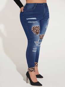 SHEIN SXY Quần Denim kích thước lớn Nút Túi Dây kéo Bị tách In hoa Báo - Rửa tối - Xem 4