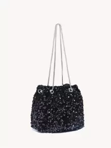 Lightweight, Business Casual Sequin Decor Bucket Bag Mini Drawstring Design, Clear Bag Evening Bag, Dinner Bag Glamorous, Elegant, Exquisite, Quiet Luxury For Party Girl, Woman, Bride Perfect For Party, Dinner/Banquet Christmas Party Dress, Party Bags, Perfect For Party Wedding Prom Dinner/Banquet Matching With Holiday Party Dress Evening Dress & Sequin Dress, New Year , Wedding - Black - View 2