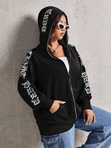 CovetEZ 大碼字母圖案插肩袖拉鏈連帽衫