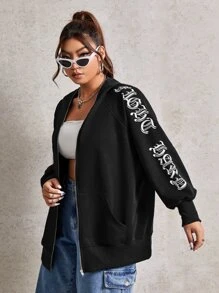 CovetEZ 大碼字母圖案插肩袖拉鏈連帽衫