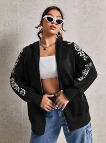 CovetEZ 大碼字母圖案插肩袖拉鏈連帽衫