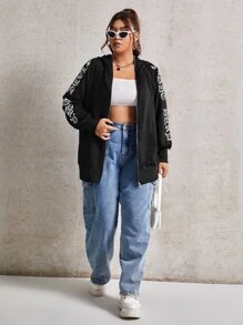 CovetEZ 大碼字母圖案插肩袖拉鏈連帽衫