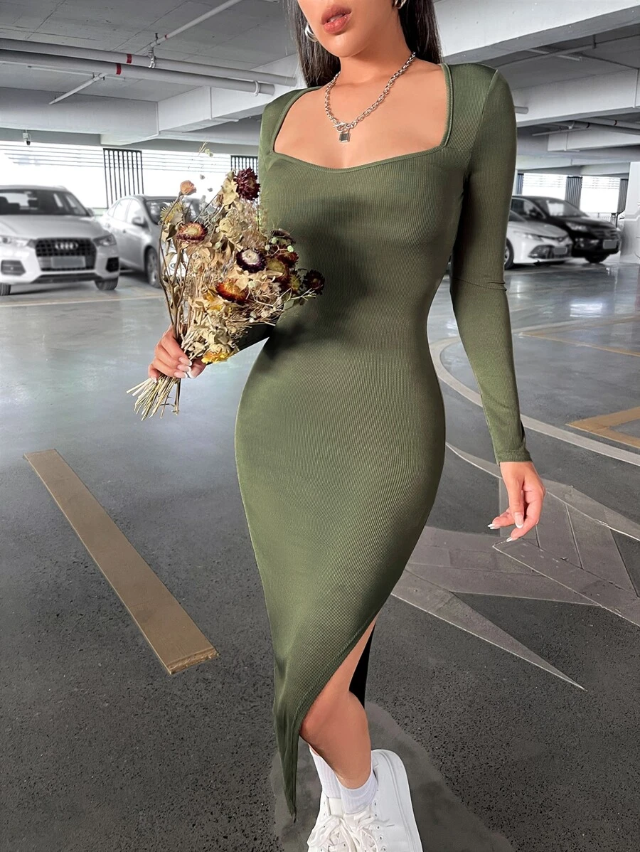 SHEIN Privé Đầm Tách cao màu trơn Thanh lịch - xanh quân đội - Xem 1
