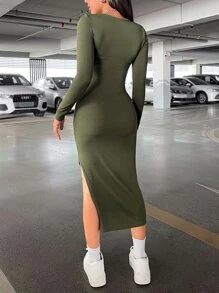 SHEIN Privé Đầm Tách cao màu trơn Thanh lịch - xanh quân đội - Xem 2