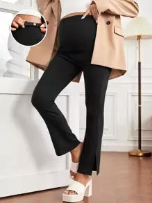SHEIN Maternity Adjustable Waist Split Hem Trousers - Black - View 1
