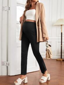 SHEIN Maternity Adjustable Waist Split Hem Trousers - Black - View 5