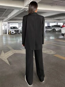 BizChic Solid Lapel Neck Blazer & Suit Trousers - Black - View 2