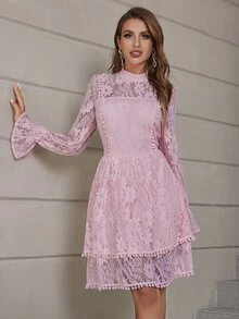 Eilly Bazar 小高領荷葉袖蕾絲連衣裙 - 淺粉色 - 查看 3