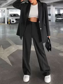 BizChic Solid Lapel Neck Blazer & Suit Trousers - Black - View 3