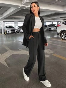 BizChic Solid Lapel Neck Blazer & Suit Trousers - Black - View 4