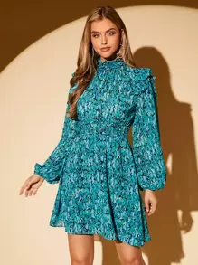 SHEIN Privé Ditsy Floral Print Ruffle Trim Dress - Green - View 2