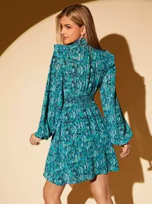 SHEIN Privé Ditsy Floral Print Ruffle Trim Dress - Green - View 3