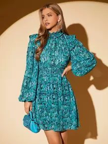 SHEIN Privé Ditsy Floral Print Ruffle Trim Dress - Green - View 1
