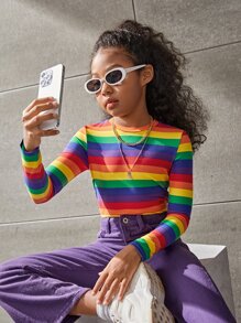 SHEIN 少女彩虹條紋印花長袖圓領休閒T卹 - 彩色 - 查看 2