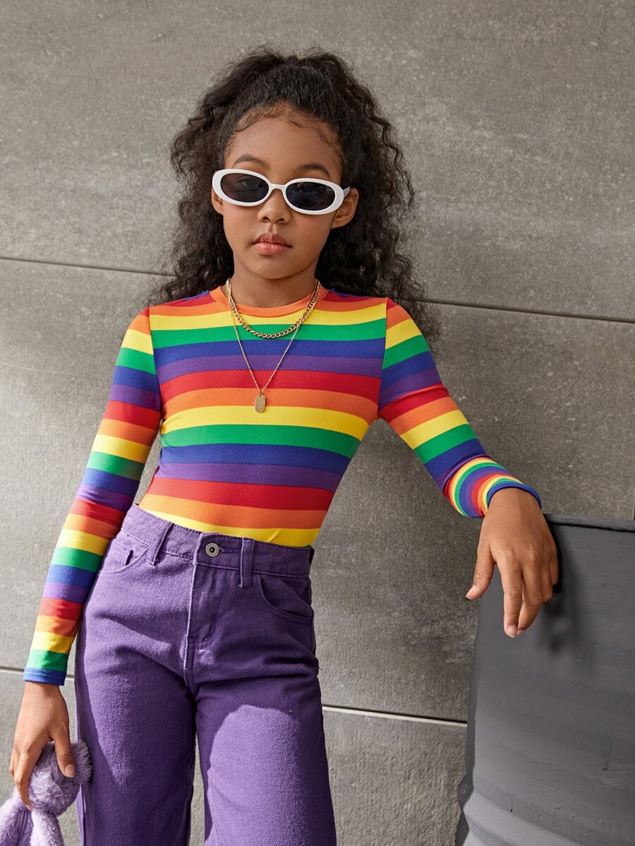 SHEIN 少女彩虹條紋印花長袖圓領休閒T卹 - 彩色 - 查看 1