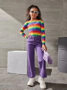 SHEIN 少女彩虹條紋印花長袖圓領休閒T卹 - 彩色 - 查看 4