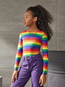 SHEIN 少女彩虹條紋印花長袖圓領休閒T卹 - 彩色 - 查看 5
