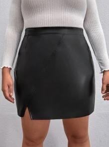 SHEIN Privé Plus Split Hem PU Leather Skirt - Black - View 3