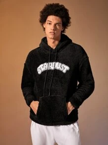 Chillumni 鬆身男士字母圖形袋鼠口袋束口軟毛絨帽衫 - 黑色 - 查看 6