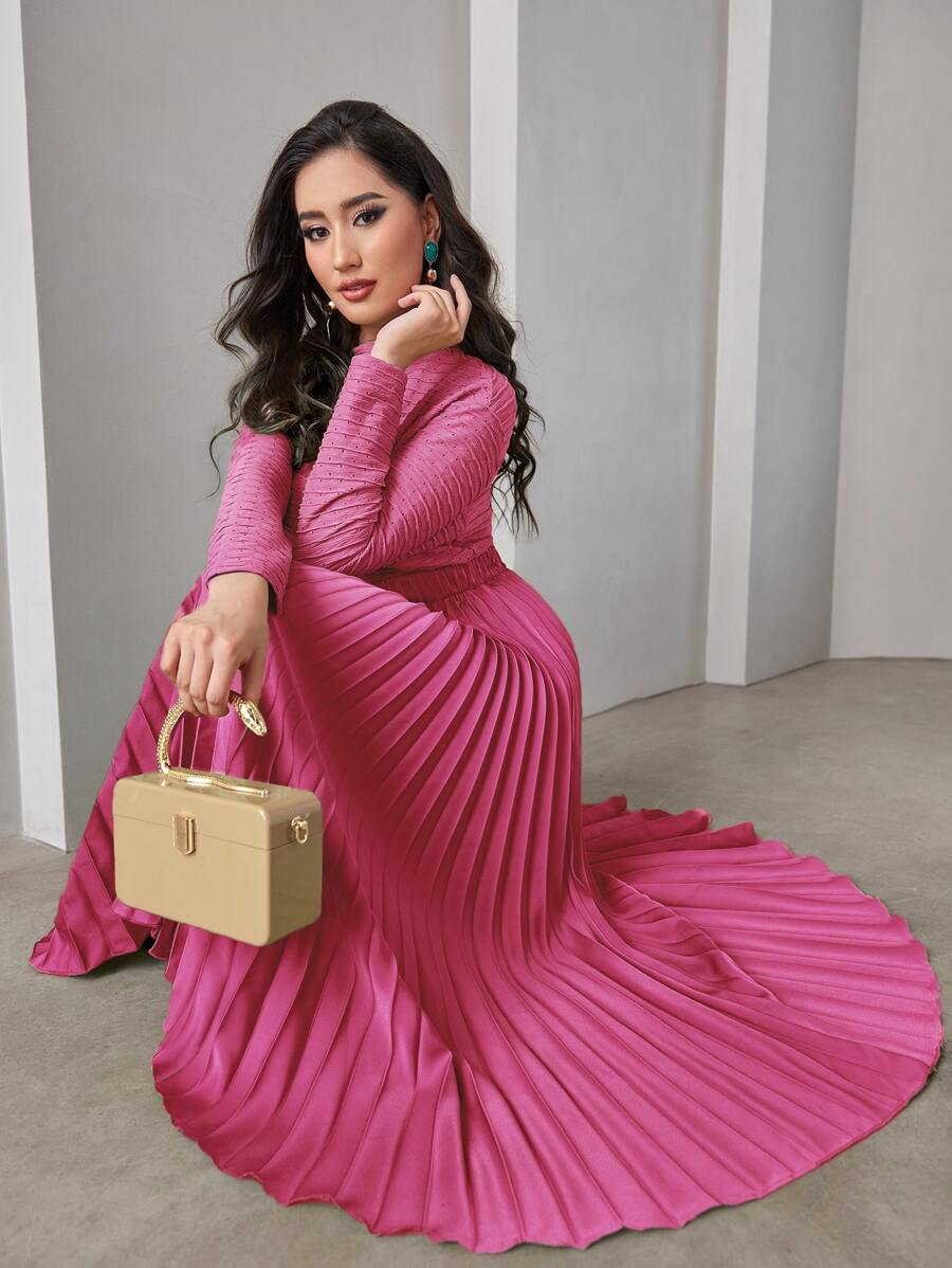 Modelyn Đầm Bất đối xứng Xếp li màu trơn Thanh lịch - Màu Hồng Tươi - Xem 1